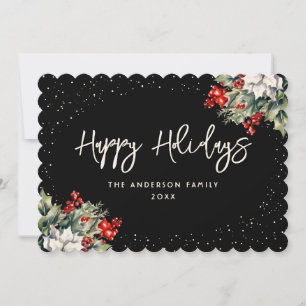 Cartão De Festividades Winter Berries Holly Poinsettia Elegante Black