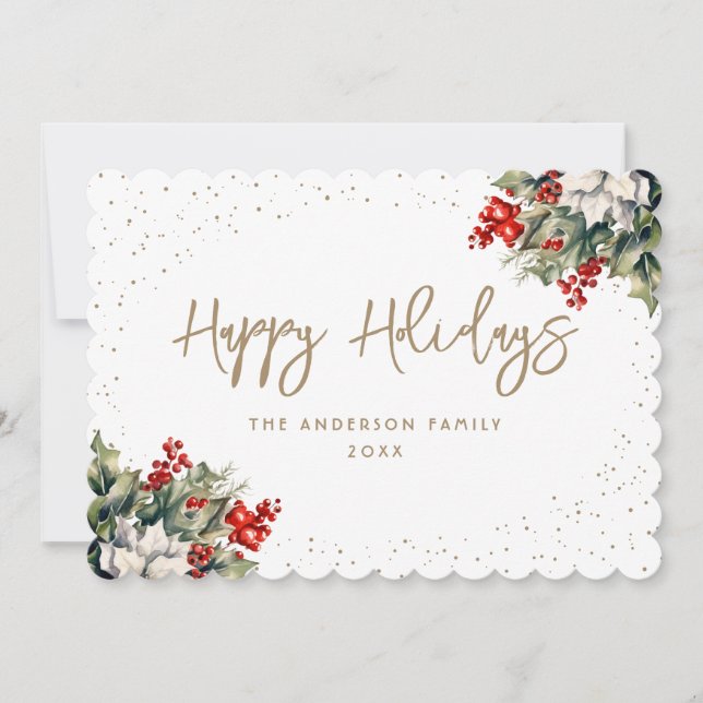 Cartão De Festividades Winter Berries Holly White Poinsettia Elegante (Frente)