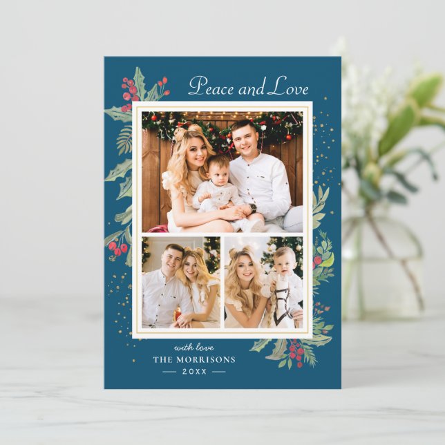 Cartão De Festividades Winter Blue Peace and Love Holly Berries 3 Foto (Em pé/Frente)