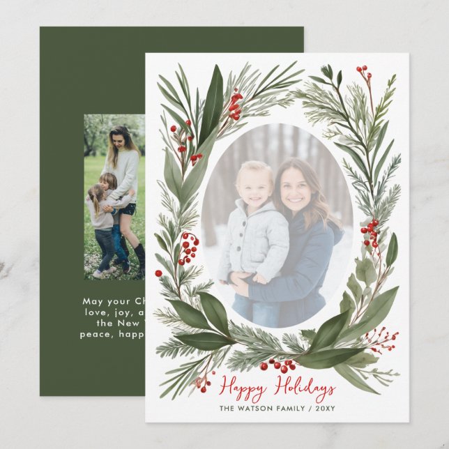 Cartão De Festividades Winter Botanical Foliage Christmas 4 Photo  (Frente/Verso)