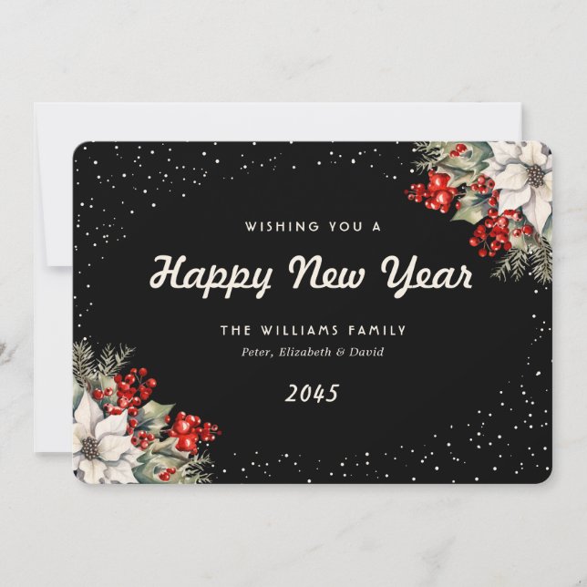 Cartão De Festividades Winter Botanicals Snow Black New Year Card (Frente)