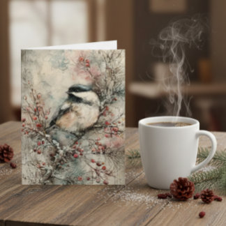 Cartão De Festividades Winter Chickadee Watercolor Christmas Card – Peace