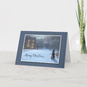 Cartão De Festividades Winter Cottage and Snowman in the Moonlight