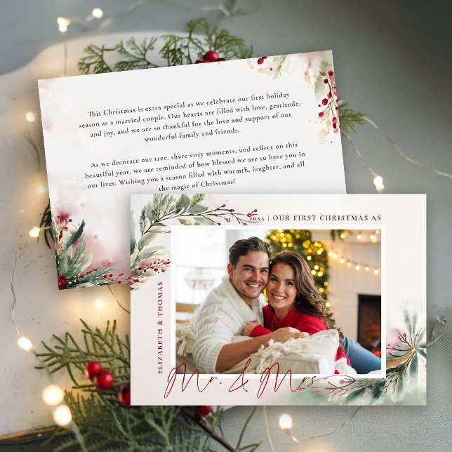Cartão De Festividades Winter Dream Greenery Foto Primeiro Natal Sr. Sra. (first christmas mr mrs romantic holiday christmas photo card watercolor winter greenery botanical)