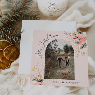 Cartão De Festividades Winter Floral Pink Holly Jolly Christmas One Photo