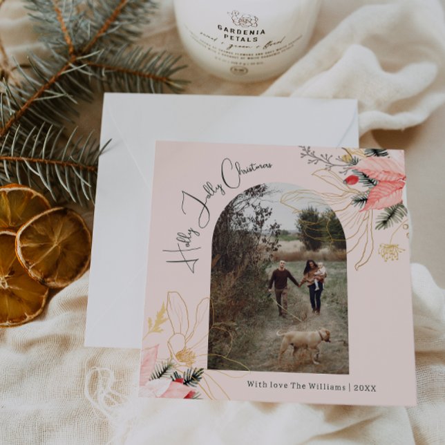 Cartão De Festividades Winter Floral Pink Holly Jolly Christmas One Photo (Criador carregado)