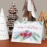 Cartão De Festividades Winter Foliage Poinsettia Watercolor Garland<br><div class="desc">Cartões de Natal personalizados com elegante caligrafia e bonito terra floral de inverno. Esta design de aquarela tem poinsetos com folhagem de inverno, bagas e pinheiro. O Feliz Natal é marcado à mão e ligado a um coração de amor. Dentro, há uma borda da floresta de pinheiros e o modelo...</div>