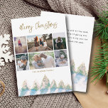 Cartão De Festividades Winter Forest Watercolor Script Christmas 6 Photos<br><div class="desc">Winter Forest Watercolor Script Christmas 6 Photos Holiday Card. Watercolor drawing of trees in winter,  winter forest with snow in blue,  pink and green colors. The design is peaceful and calm with text on the front and the backside. Customize the text and add your family photos.</div>