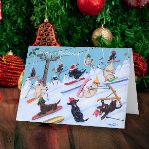 Cartão De Festividades Winter Fun Christmas Skiing Labrador Painting
