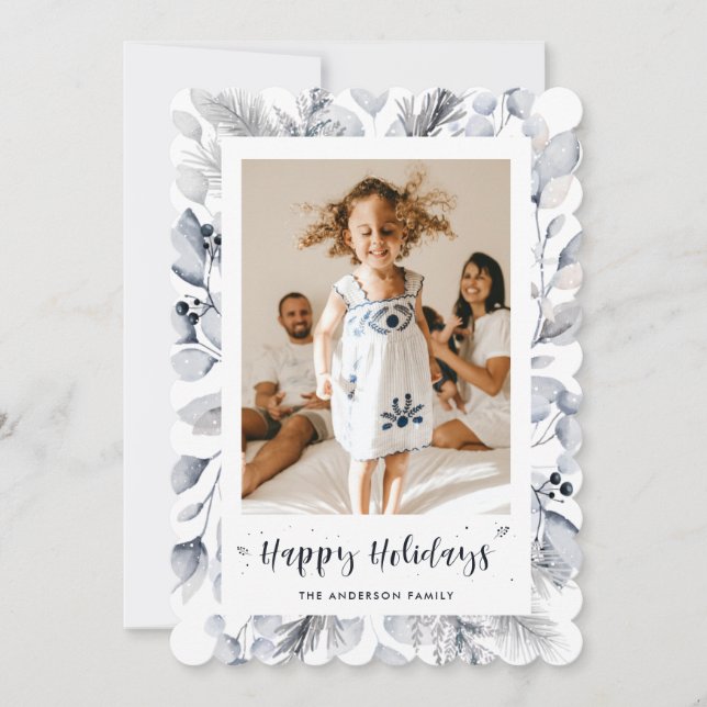 Cartão De Festividades Winter Greenery Berries Photo Happy Holidays Card (Frente)