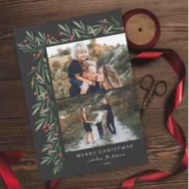 Cartão De Festividades Winter Greenery Black 2 Photo Christmas