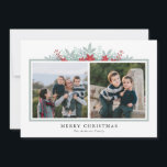 Cartão De Festividades Winter Greenery Poinsettia 2 Foto Feliz Natal<br><div class="desc">Este moderno cartão fotográfico de Natal apresenta duas fotos quadradas na frente e texto personalizado para uma mensagem pessoal no verso. O design é acentuado com um gráfico de verde de inverno e poinsetos vermelhos sobre fundo branco limpo. Personalize com seu nome de família. Fotografia © Storytree Studios, Stanford, CA...</div>