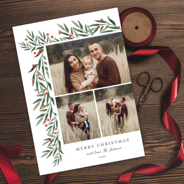 Cartão De Festividades Winter Greenery White 3 Foto Natal (Criador carregado)