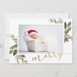 Cartão De Festividades Winter Greenery with Gold Calligraphy