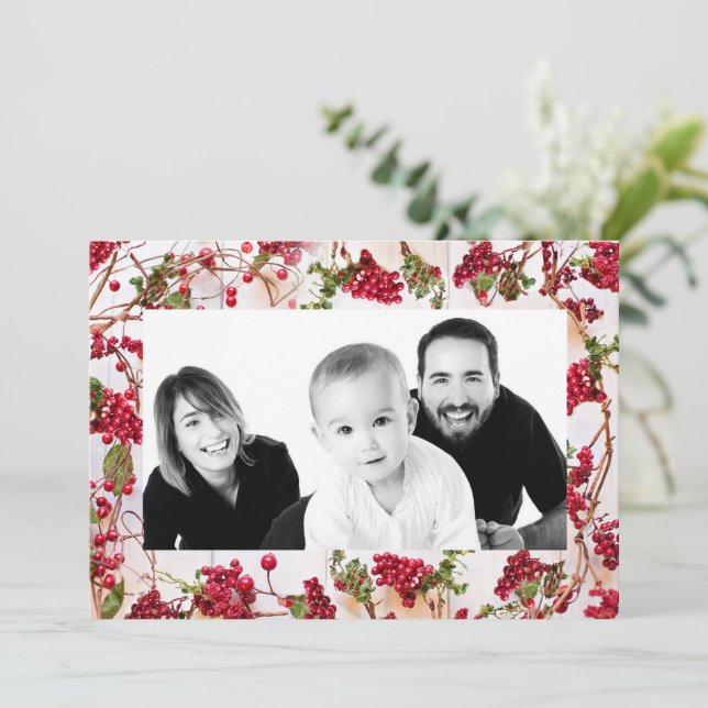 Cartão De Festividades Winter Holly Photo (Em pé/Frente)