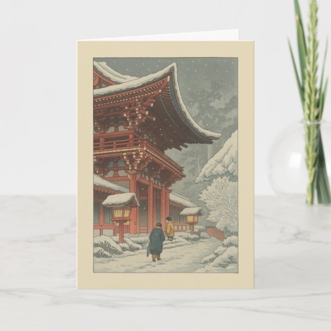 Cartão De Festividades Winter Japanese Temple Ukiyo-e Christmas Card (Frente)