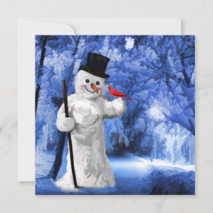 Cartão De Festividades Winter Lane Snowman com Pintura do Cardeal Vermelh
