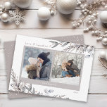 Cartão De Festividades Winter Leaves and Sprigs Watercolor 2 Fotografias<br><div class="desc">Este elegante cartão de Natal oferece duas fotos acentuadas com botânicos de Natal bronzeados e cinzas em fundo branco de aquarela. A saudação diz "Amor e Rir".</div>