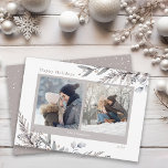 Cartão De Festividades Winter Leaves and Sprigs Watercolor 2 Fotografias<br><div class="desc">Este elegante cartão de Natal oferece duas fotos acentuadas com folhas de festas de bronzeado e cinza e galhos verdes em fundo branco de aquarela. A saudação diz: "Felizes Feriados".</div>