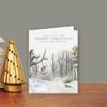 Cartão De Festividades Winter Nature Snowy Woodland Natal<br><div class="desc">Cartão de Natal personalizado com texto,  dentro e saída totalmente editáveis. A design apresenta uma cena natural de inverno médio com o brilho quente de uma lâmpada de rua,  um pato no lago,  uma coruja no balanço e um pino na árvore.</div>