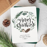 Cartão De Festividades Winter Nature | Watercolor Wreath Christmas<br><div class="desc">Envie cartões de natal para amigos e família em cartões simples, chic, elegantes e modernos, não-fotodesign festivos, naturais, de cor natural! Uma bela faixa de cor-de-água verde macia pintada (pinheiro, eucalipto, samambaia), apresentando um bonito cone de pinhal castanho na frente. O meio apresenta a saudação de "natal alegre" em tipografia...</div>