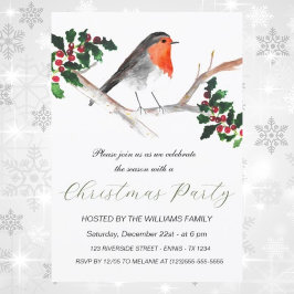 Cartão De Festividades Winter Robin Holly Christmas Party Watercolor