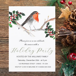 Cartão De Festividades Winter Robin Holly Holiday Party Watercolor