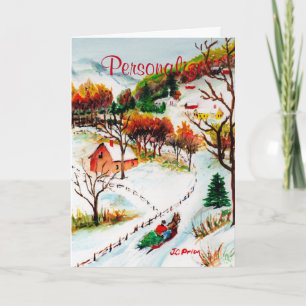 Cartão De Festividades Winter Sleigh Ride Mountain Christmas Watercolor
