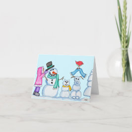 Cartão De Festividades Winter - Snowman, Snowcat, Snowdog, and Girl