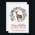 Cartão De Festividades Winter Stag Holly Wreath Natal<br><div class="desc">Bonito emblema de aquarela rodeado por um guião de uva oca,  merry cartão de Natal. Simplesmente adicione o seu nome.</div>