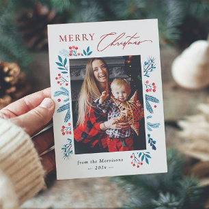 Cartão De Festividades Winter Teal Deixa Floral Berries Foto de Natal