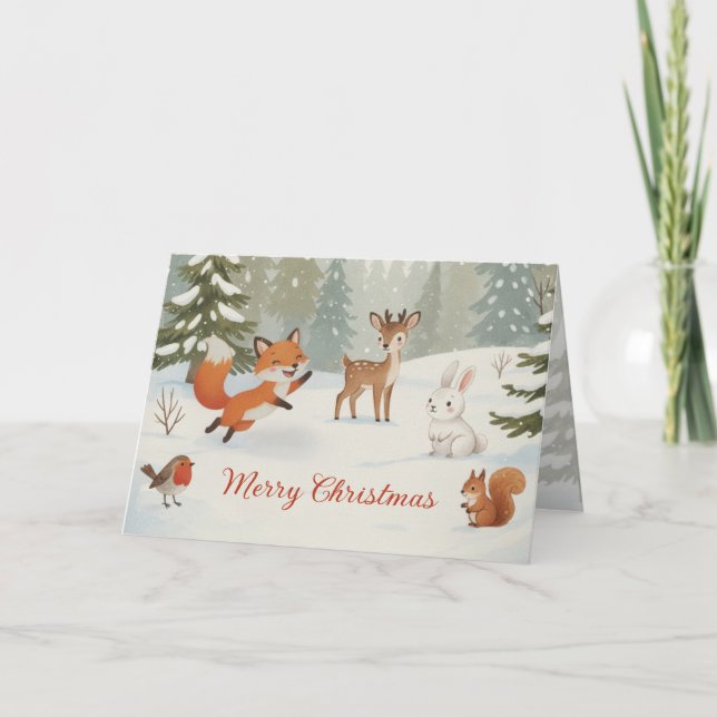 Cartão De Festividades Winter Woodland Merry Christmas Forest Animals (Frente)
