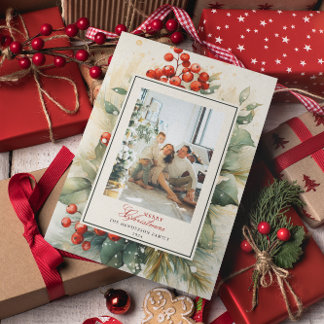 Cartão De Festividades Winterberry Botanical Watercolor Foto de Natal