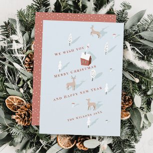 Cartão De Festividades Winterscape Red House & Deer Light Blue Christmas