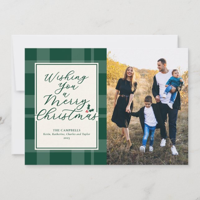 Cartão De Festividades Wishing A Merry Christmas Green Plaid Photo Card (Frente)