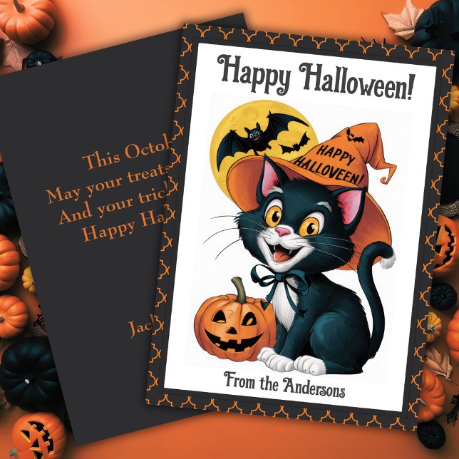 Cartão De Festividades Witchy Black Cat Cute Custom Halloween (Witchy Black Cat Cute Custom Halloween Holiday Card)