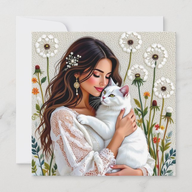 Cartão De Festividades Woman and White Cat and Dandelions  (Frente)