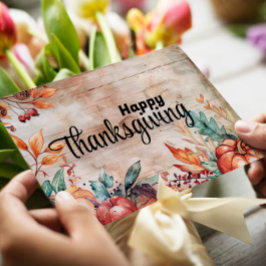 Cartão De Festividades Wooden Pumpkins e Sai Felizes Ação de Graças