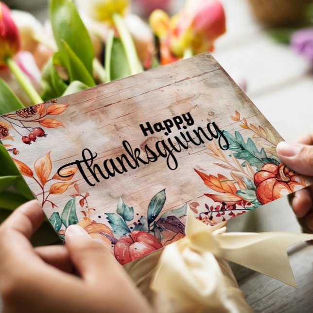 Cartão De Festividades Wooden Pumpkins e Sai Felizes Ação de Graças (Criador carregado)