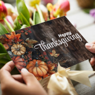 Cartão De Festividades Wooden Pumpkins e Sai Felizes Ação de Graças