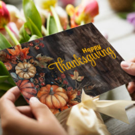 Cartão De Festividades Wooden Pumpkins e Sai Felizes Ação de Graças