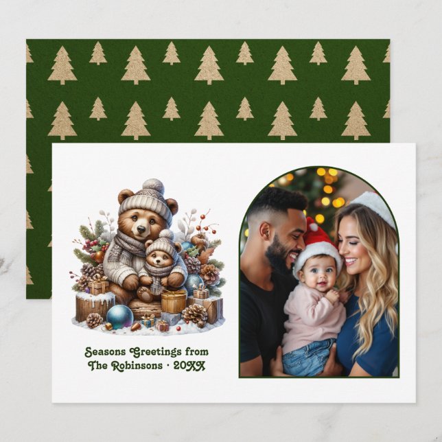 Cartão De Festividades Woodland Bear Cub Family Cozy Forest Christmas (Frente/Verso)