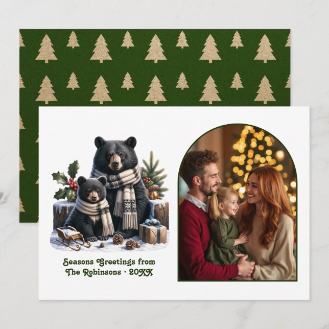 Cartão De Festividades Woodland Bear Family Cozy Forest Christmas Photo (Frente/Verso)