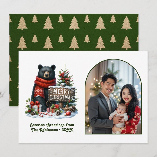 Cartão De Festividades Woodland Bear Rustic Forest Christmas Magic Photo (Frente/Verso)