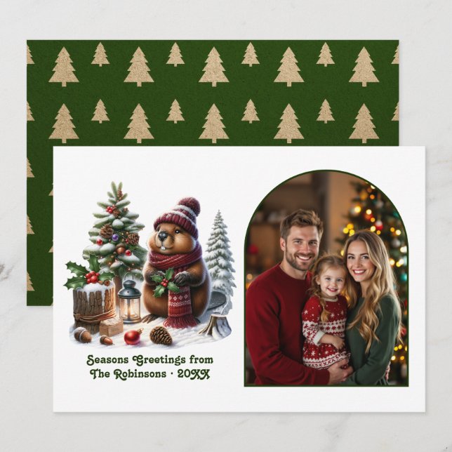 Cartão De Festividades Woodland Beaver Cozy Forest Christmas Magic Photo (Frente/Verso)