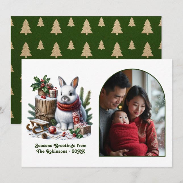 Cartão De Festividades Woodland Bunny Cozy Forest Christmas Holiday Photo (Frente/Verso)