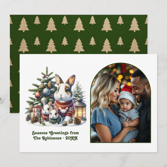 Cartão De Festividades Woodland Bunny Family Cozy Forest Christmas Photo (Frente/Verso)