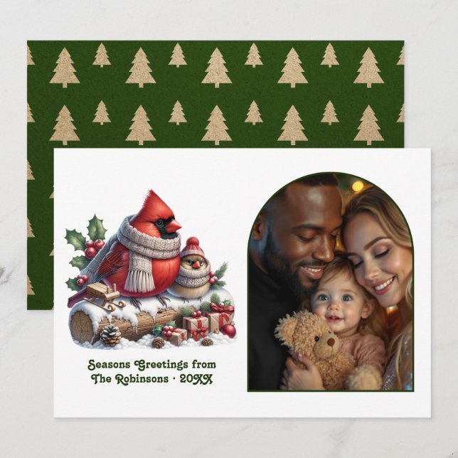 Cartão De Festividades Woodland Cardinal Cozy Forest Christmas Photo (Frente/Verso)