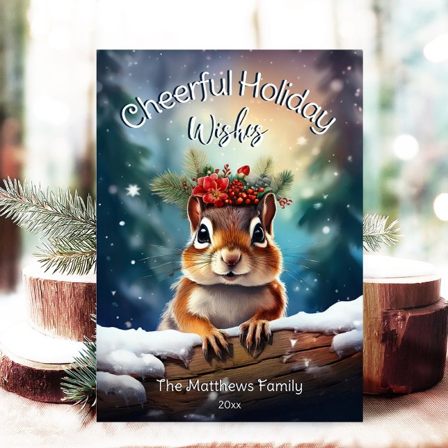 Cartão De Festividades Woodland Chipmunk Feliz Floresta Russa de Natal (Adorable Winter Snowy Scene With Peeking Dogs or Farm/Woodland Animals - Over 50 to Choose From!)