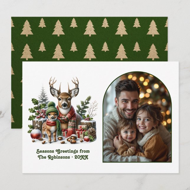 Cartão De Festividades Woodland Deer Family Cozy Forest Christmas Photo (Frente/Verso)
